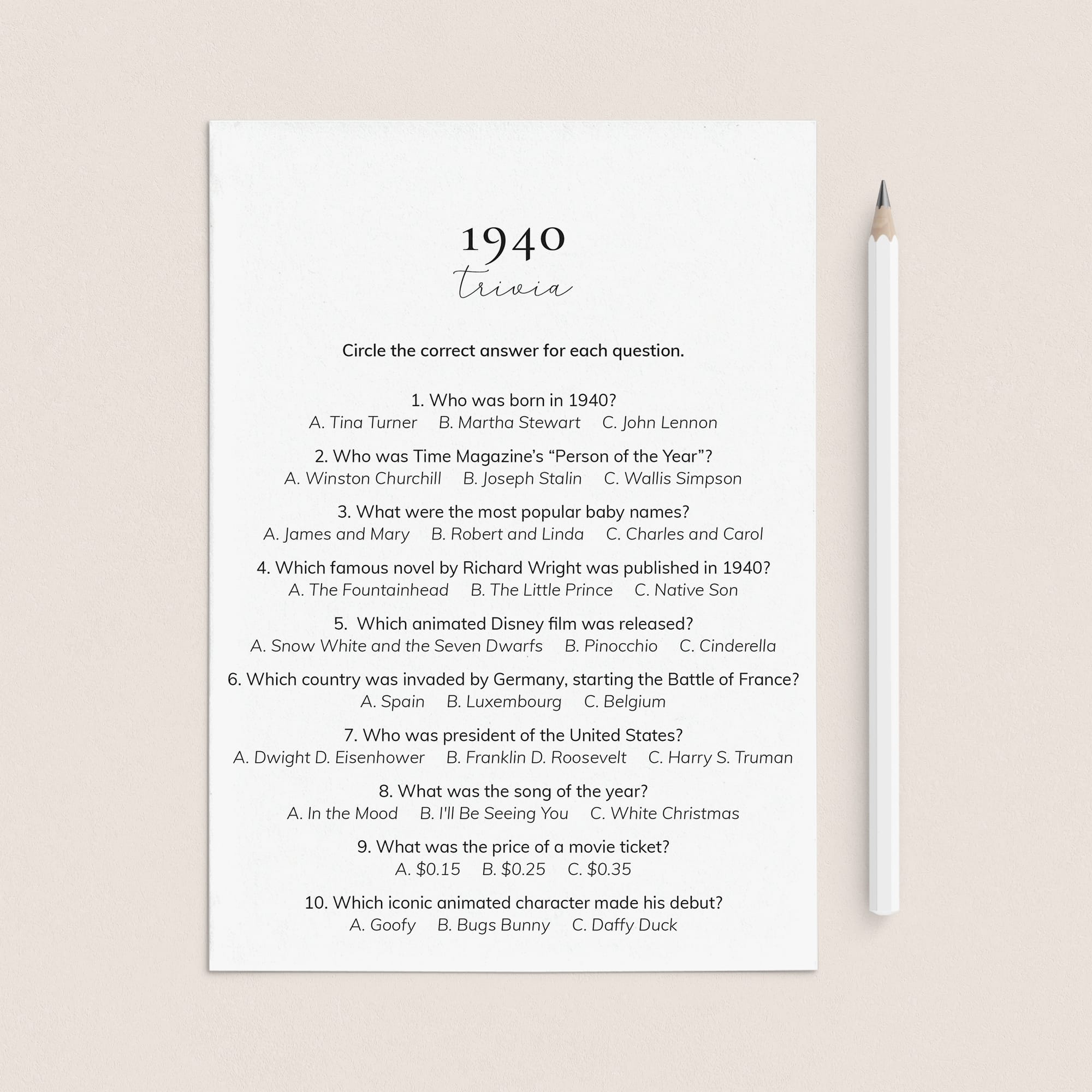 1940 Quiz and Answers Printable by LittleSizzle