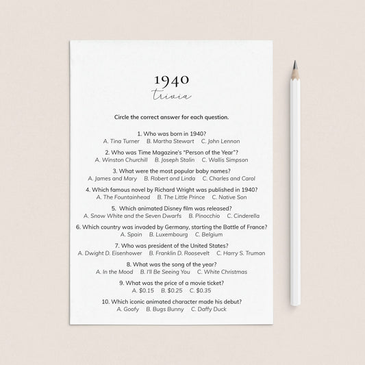 1940 Quiz and Answers Printable by LittleSizzle