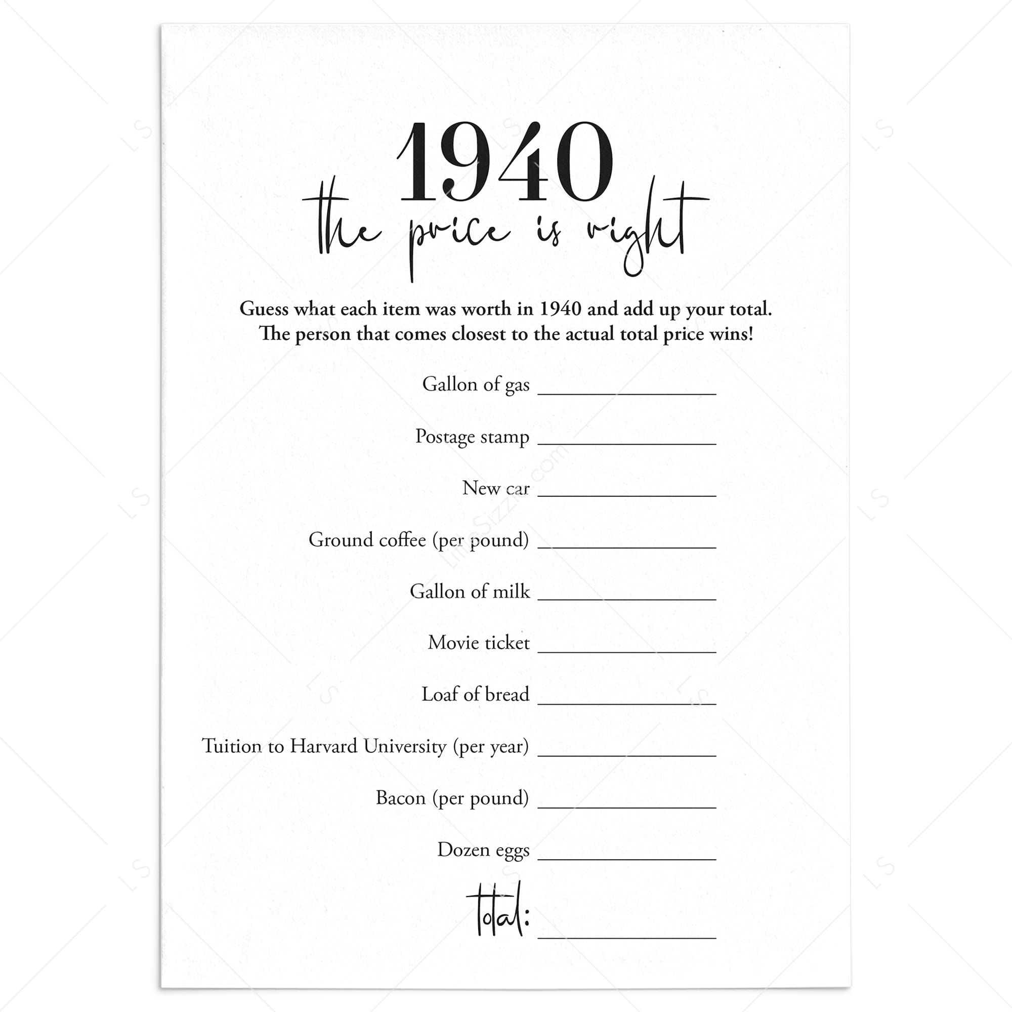 1940 The Price Is Right Game with Answers Printable by LittleSizzle