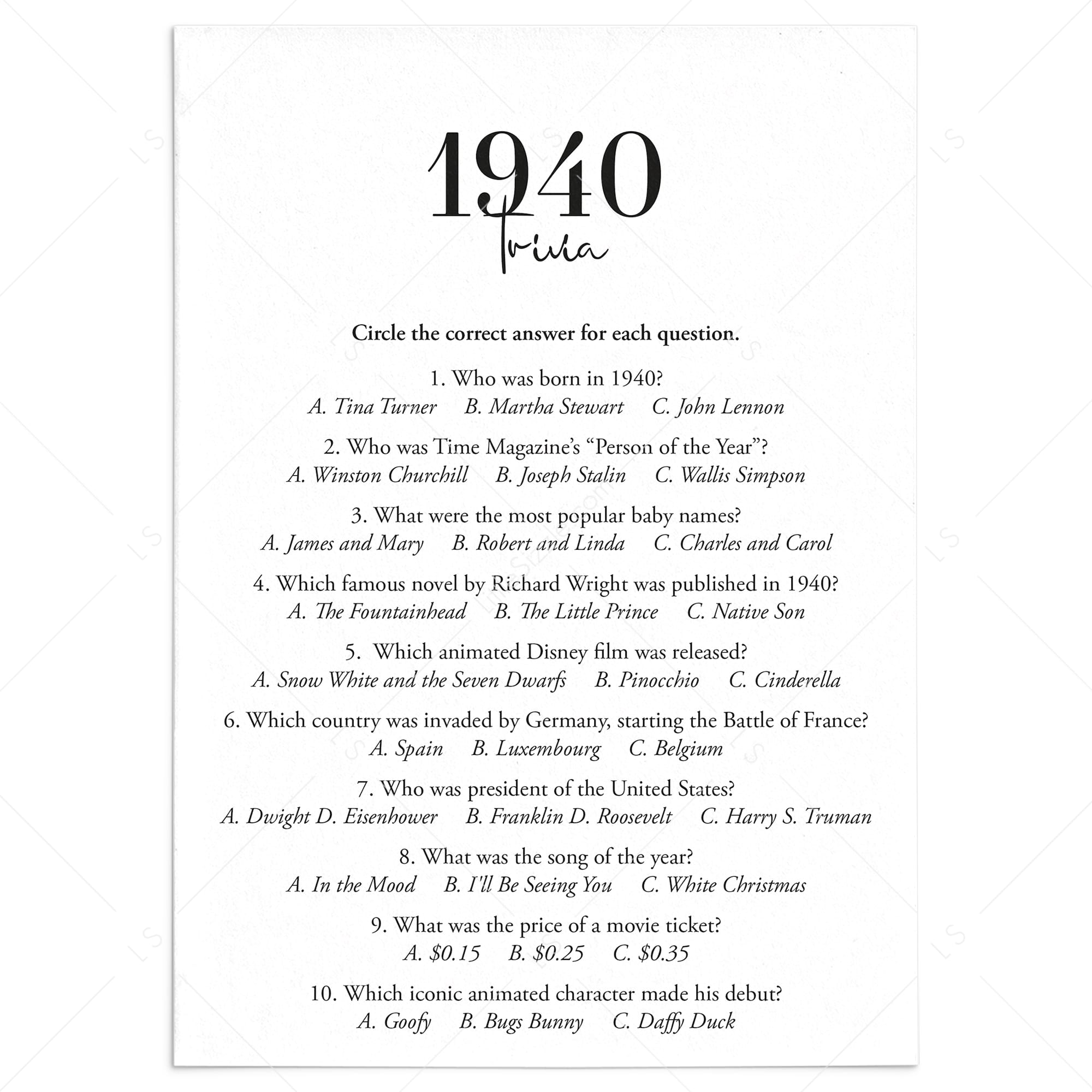 1940 Trivia Quiz with Answer Key Instant Download by LittleSizzle