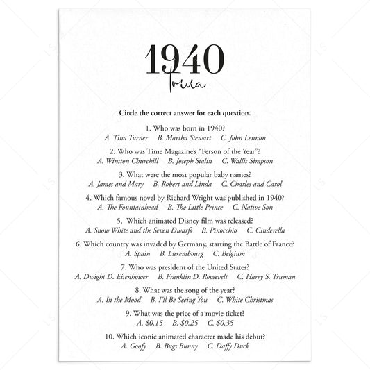 1940 Trivia Quiz with Answer Key Instant Download by LittleSizzle