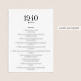 1940 Trivia Quiz with Answer Key Instant Download