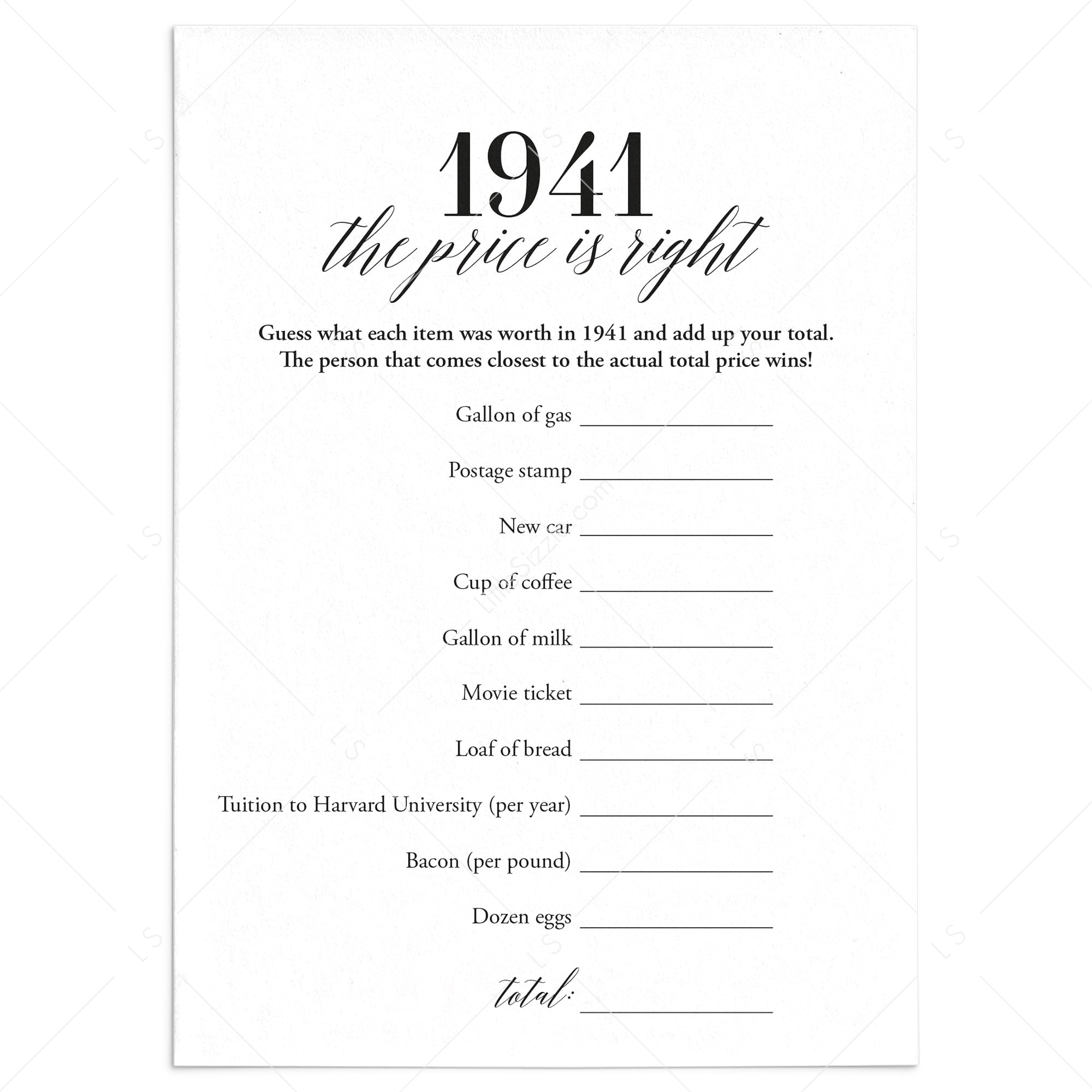 1941 The Price Is Right Game with Answers Printable by LittleSizzle