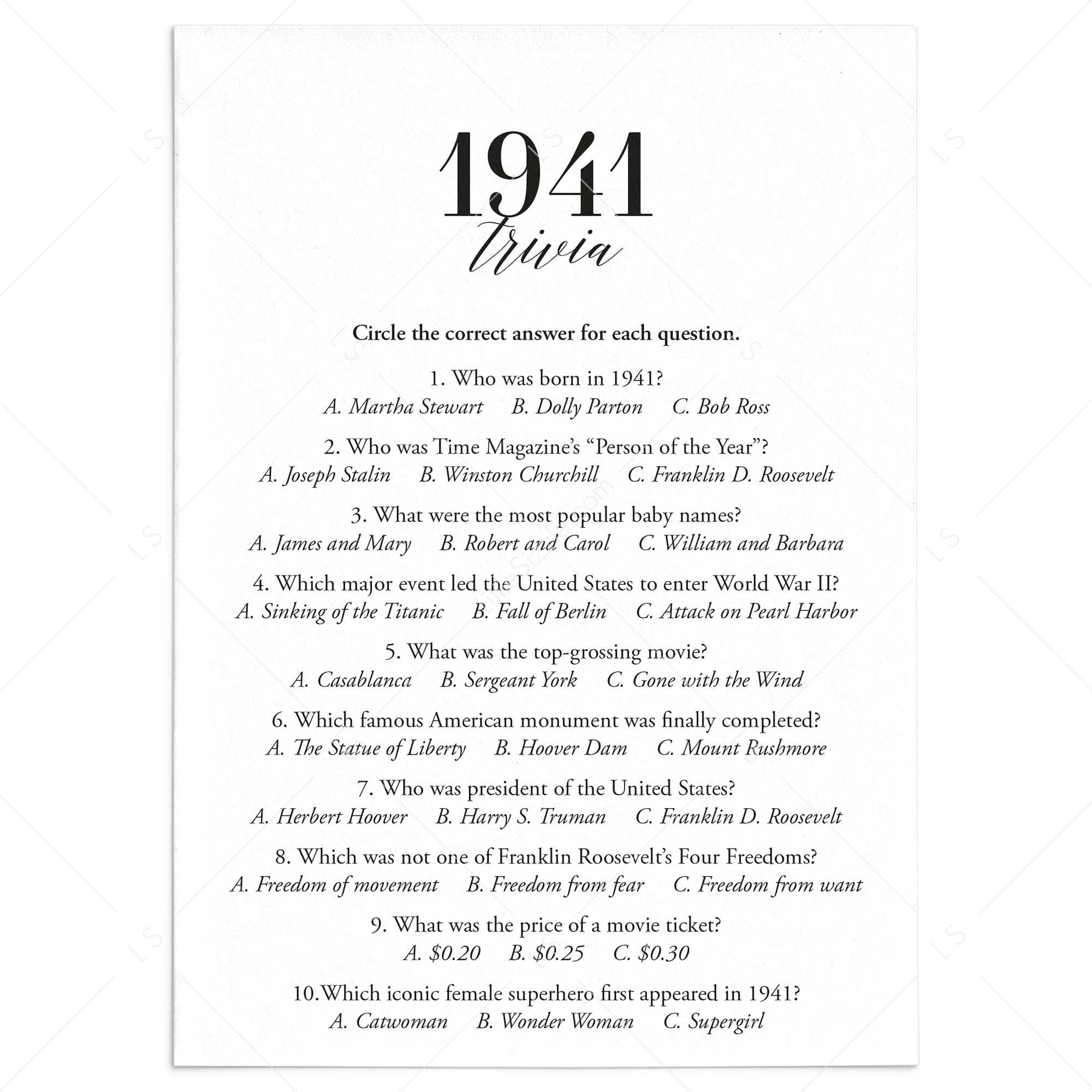 1941 Trivia Quiz with Answer Key Instant Download by LittleSizzle