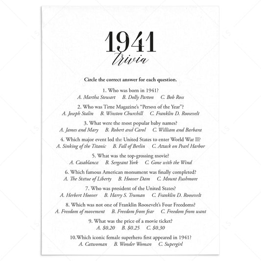 1941 Trivia Quiz with Answer Key Instant Download by LittleSizzle