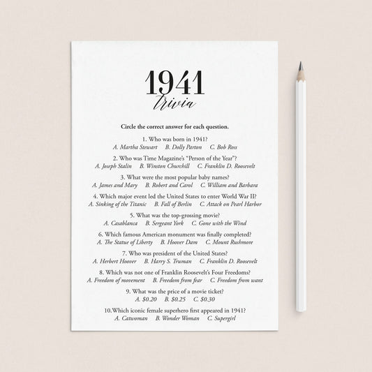 1941 Trivia Quiz with Answer Key Instant Download by LittleSizzle