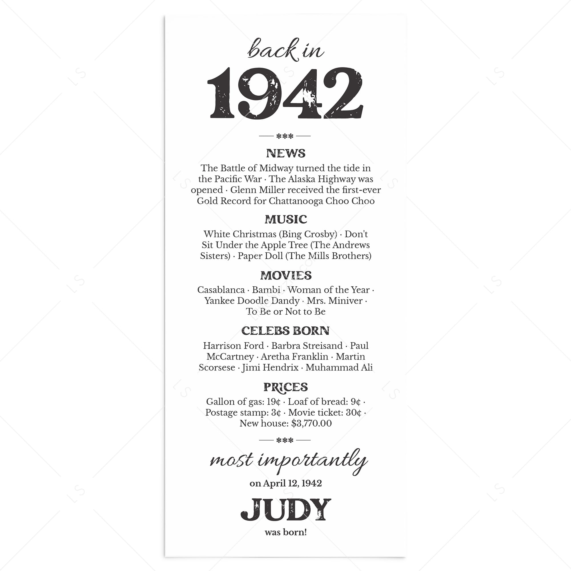 85th Birthday Gift Personalized Born in 1942 Table Card by LittleSizzle