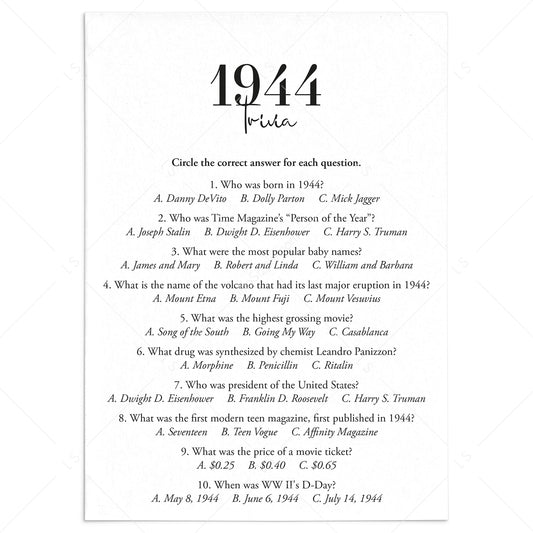 1944 Trivia Quiz with Answer Key Instant Download by LittleSizzle