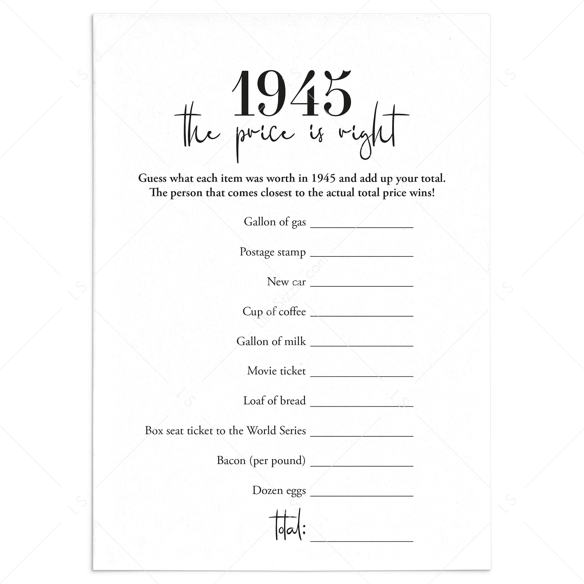 1945 The Price Is Right Game with Answers Printable by LittleSizzle