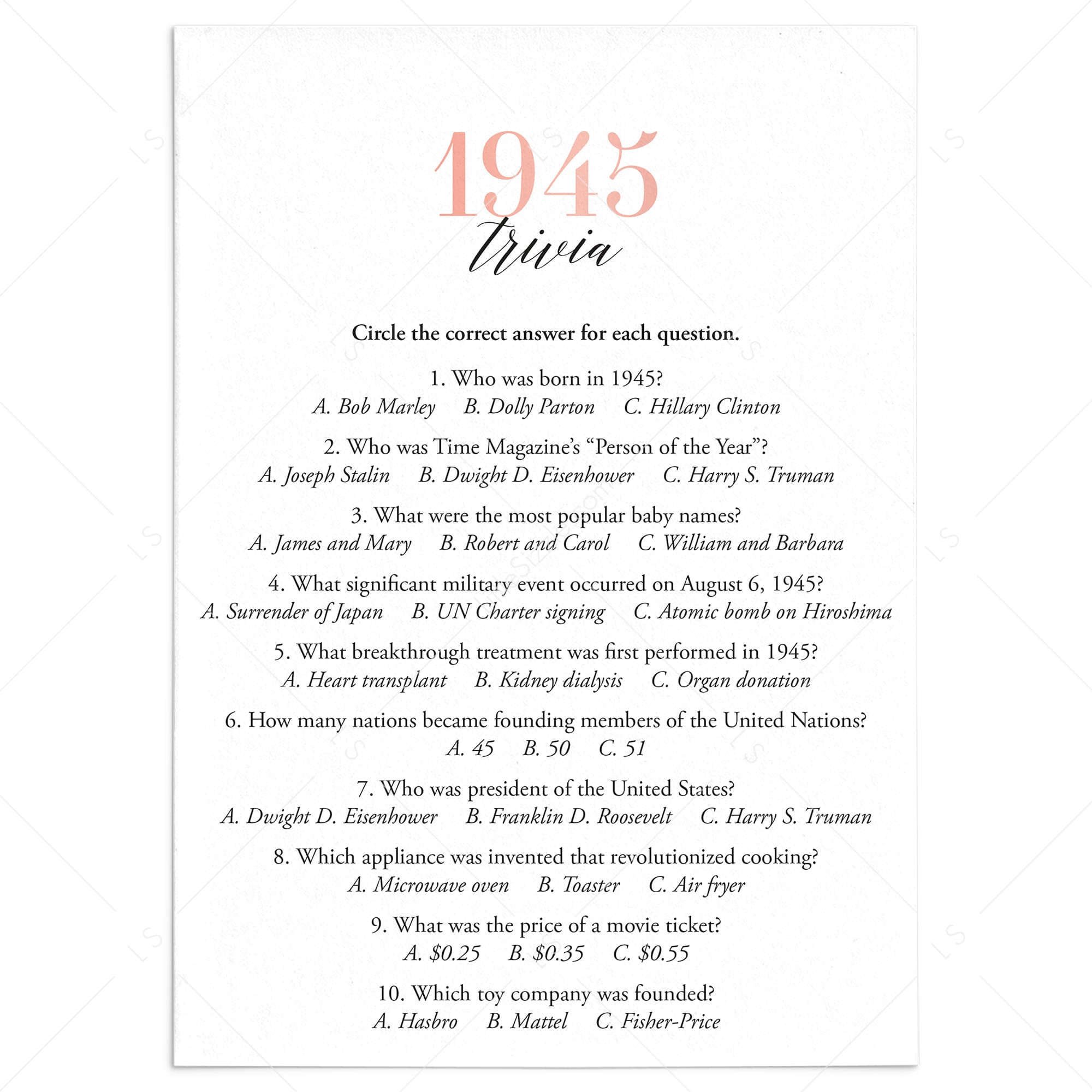 1945 Trivia Questions and Answers Printable by LittleSizzle