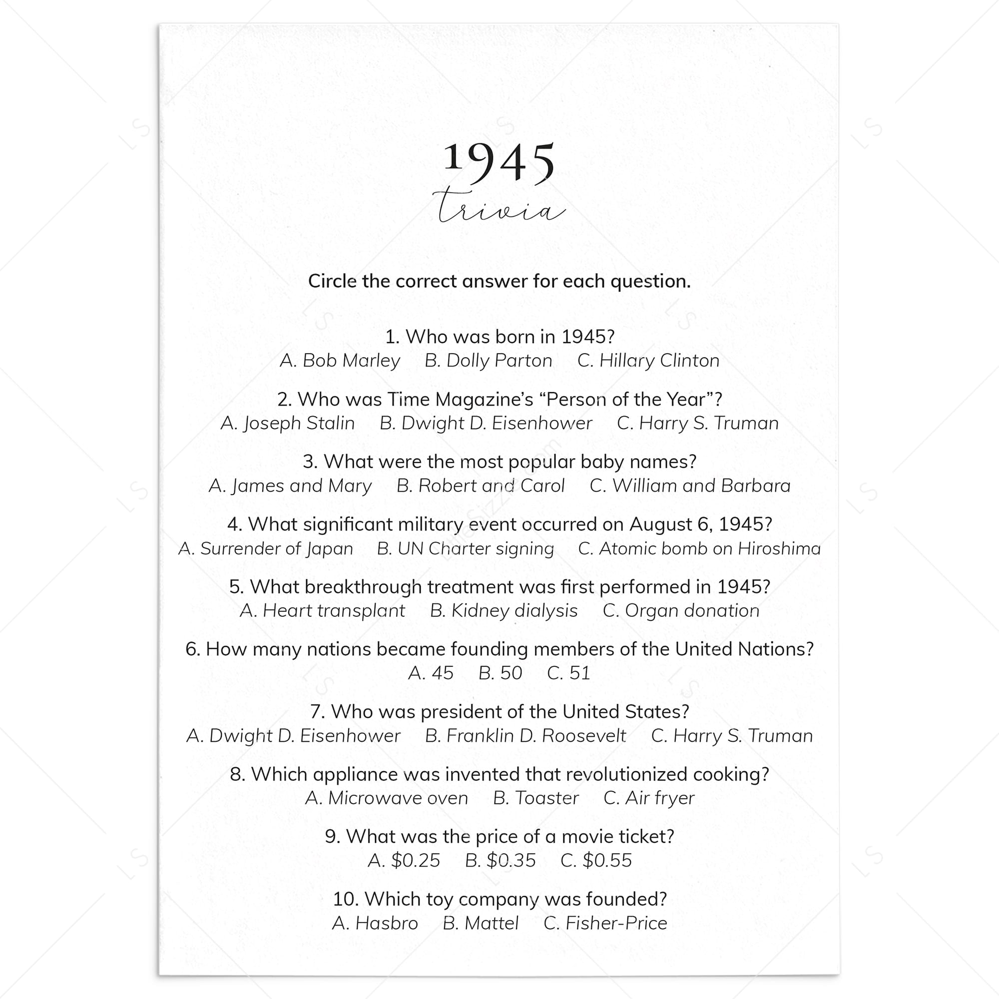 1945 Quiz and Answers Printable by LittleSizzle