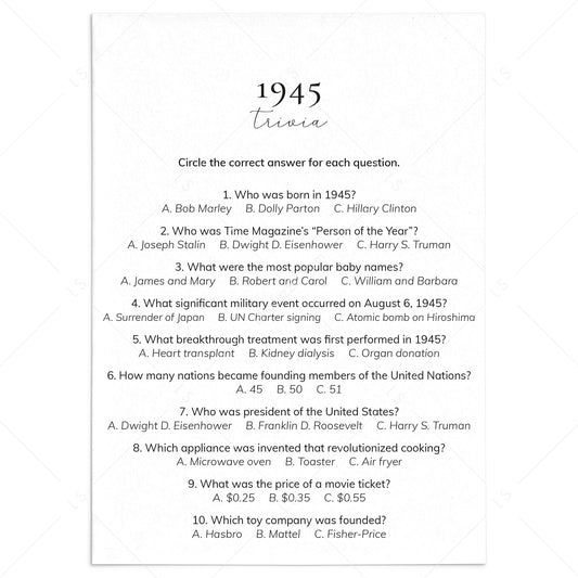 1945 Quiz and Answers Printable by LittleSizzle