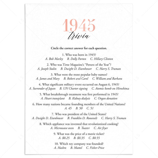 1945 Trivia Questions and Answers Printable by LittleSizzle