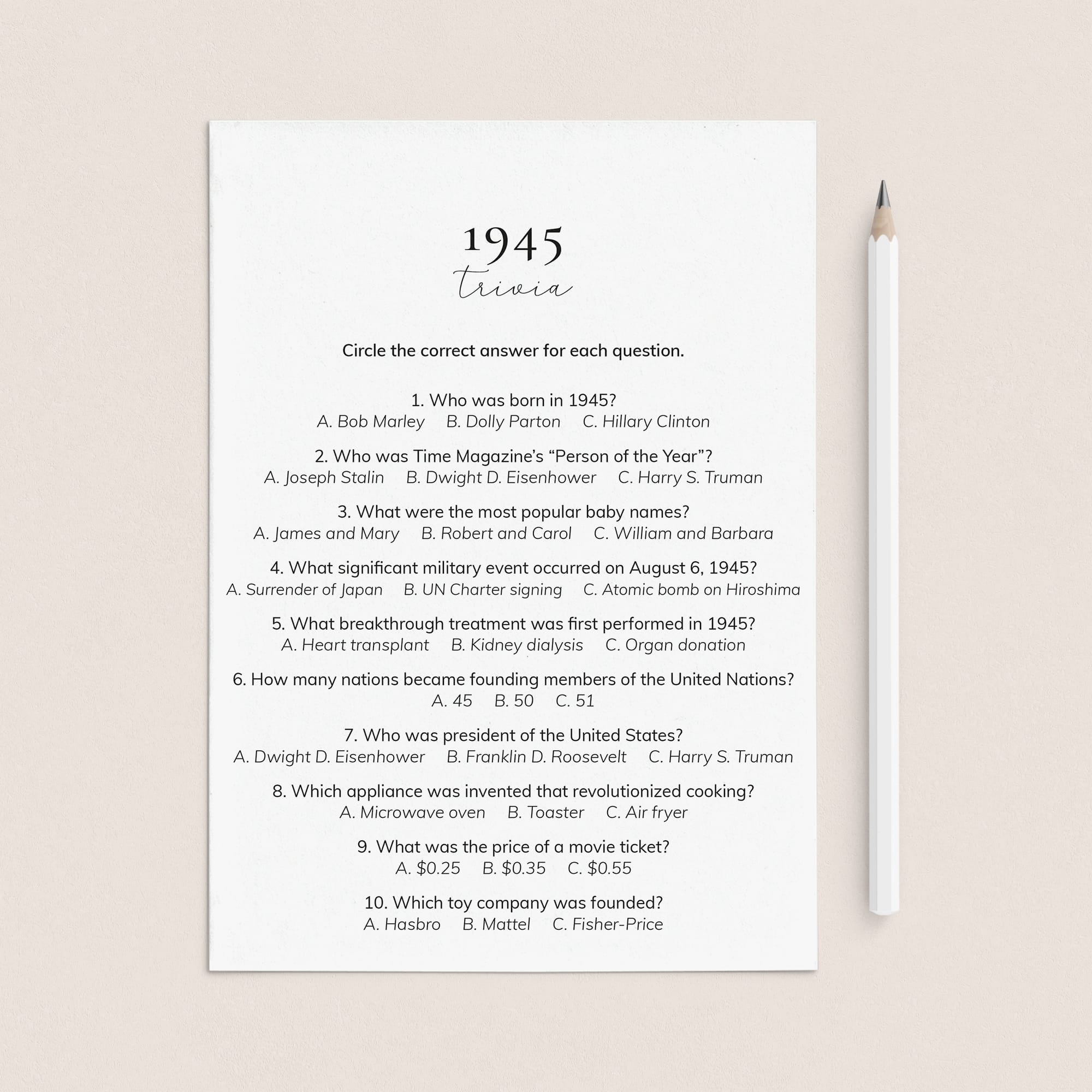 1945 Quiz and Answers Printable by LittleSizzle