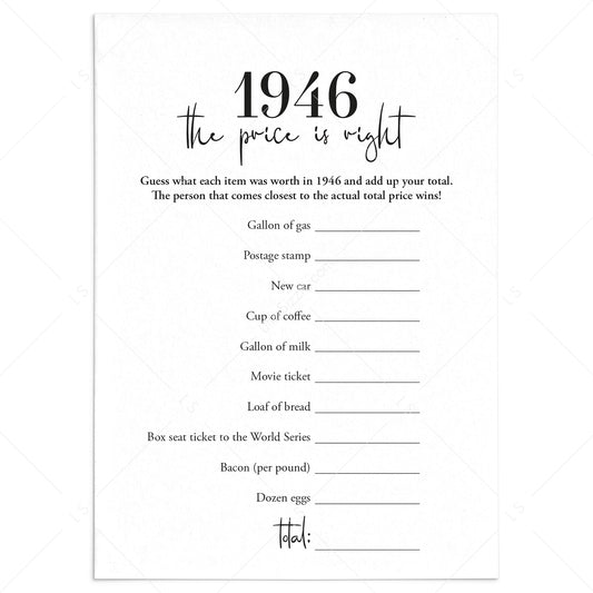 1946 The Price Is Right Game with Answers Printable by LittleSizzle