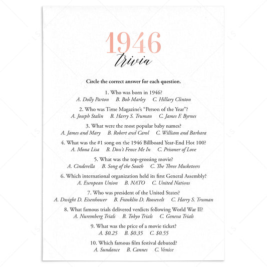 1946 Trivia Questions and Answers Printable by LittleSizzle