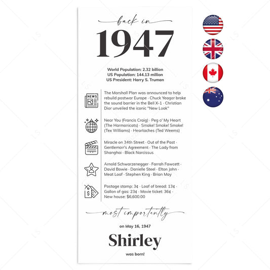80th Birthday Place Cards Personalized What Happened in 1947 Printable by LittleSizzle