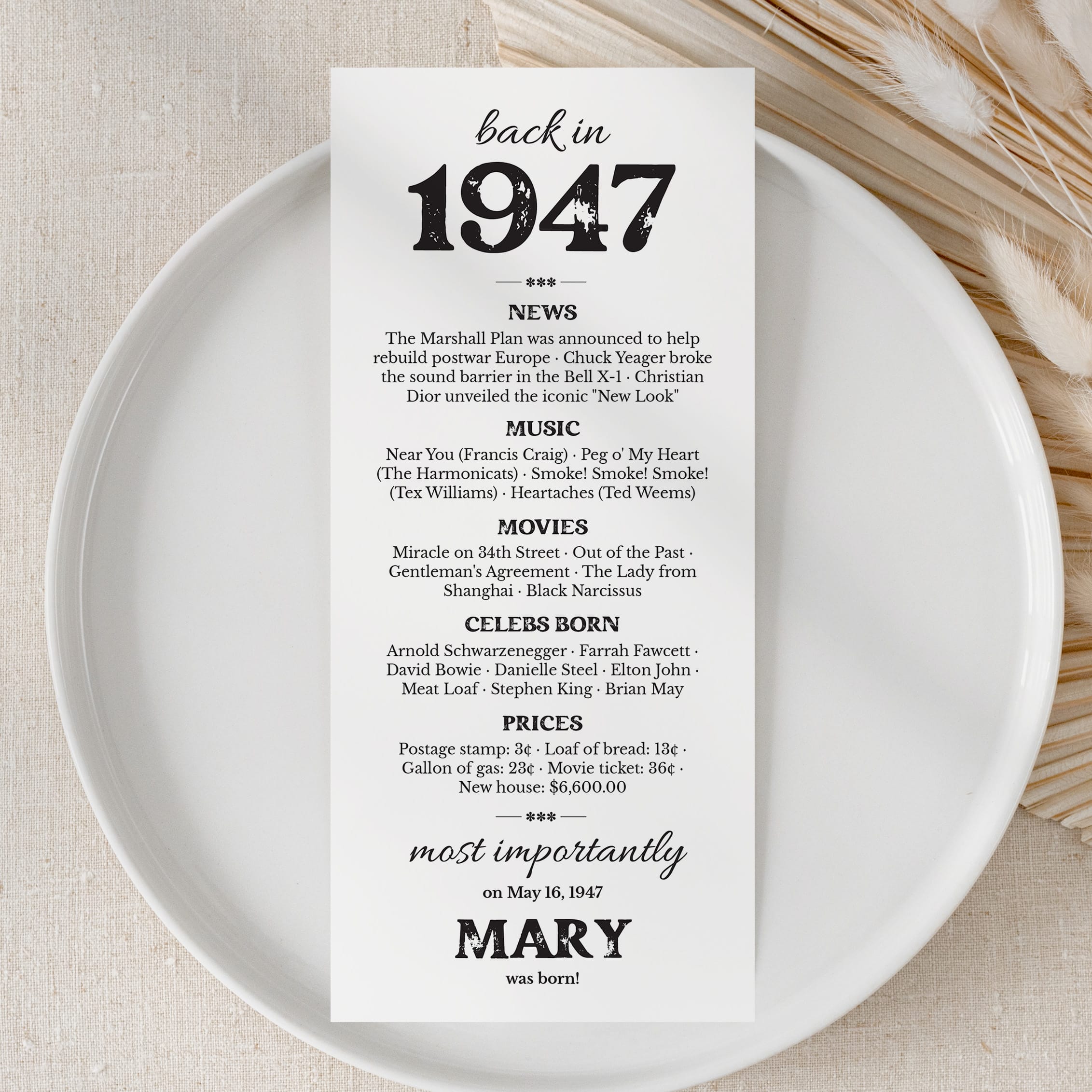 80th Birthday Gift Born in 1947 Table Card by LittleSizzle