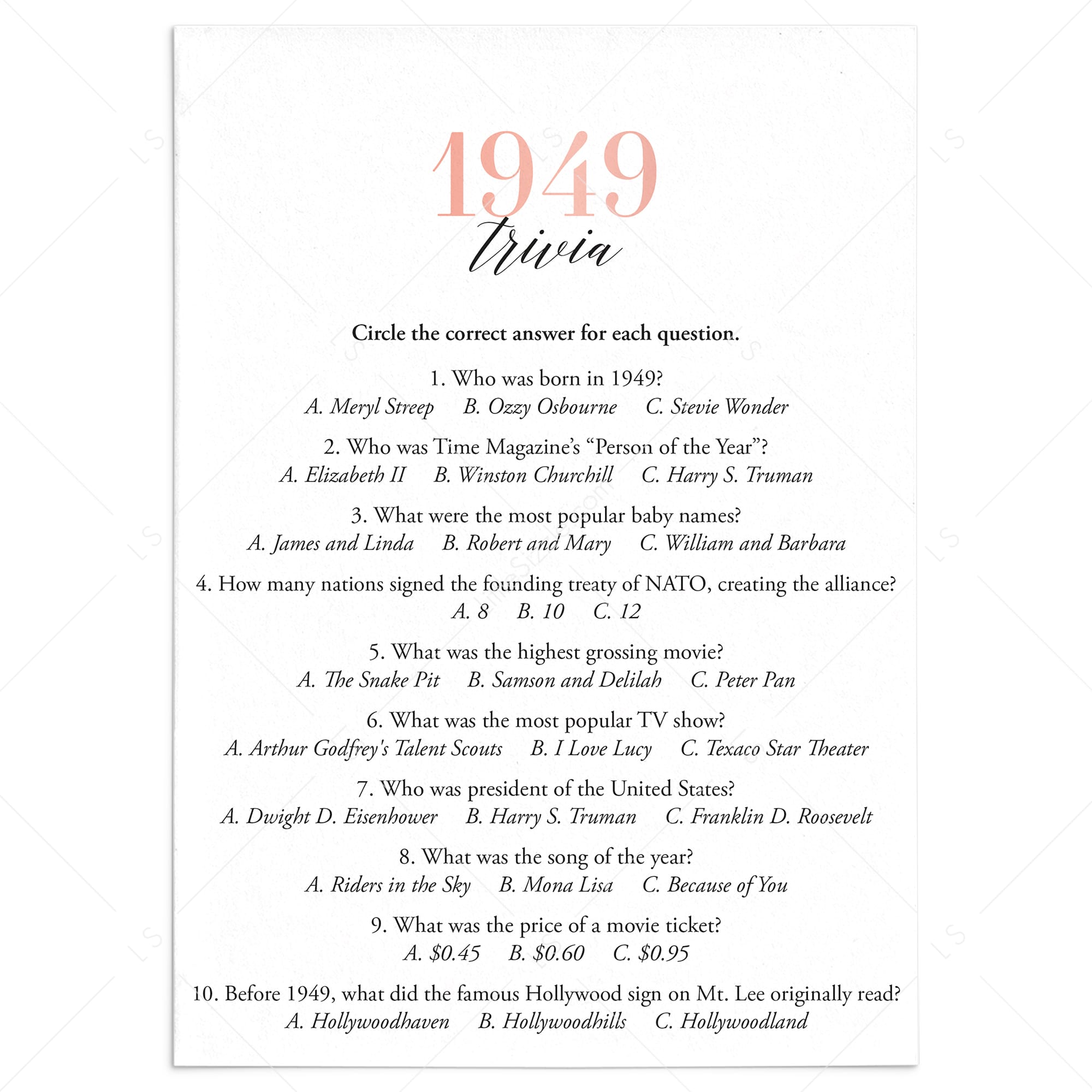 1949 Trivia Questions and Answers Printable by LittleSizzle