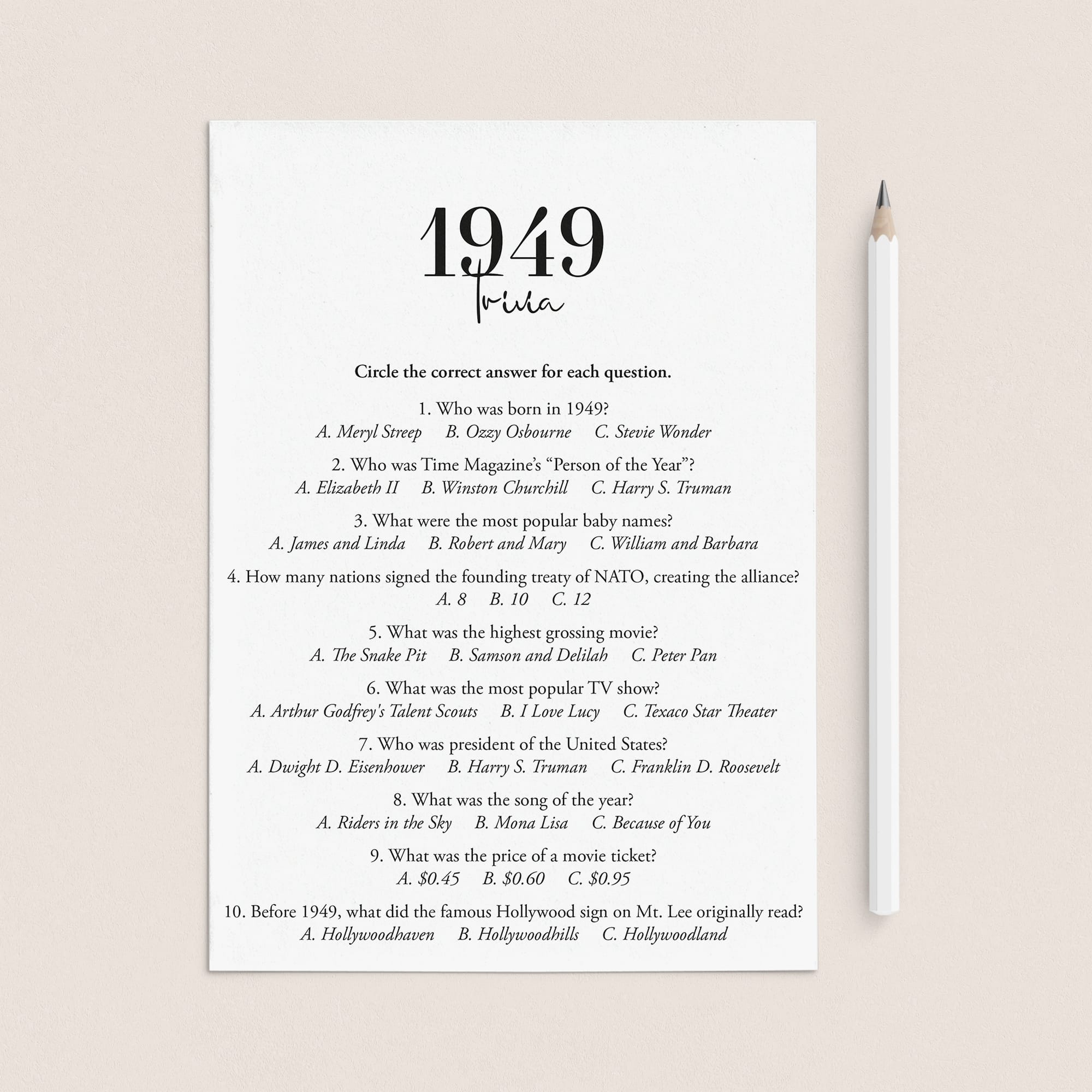 1949 Trivia Quiz with Answer Key Instant Download by LittleSizzle