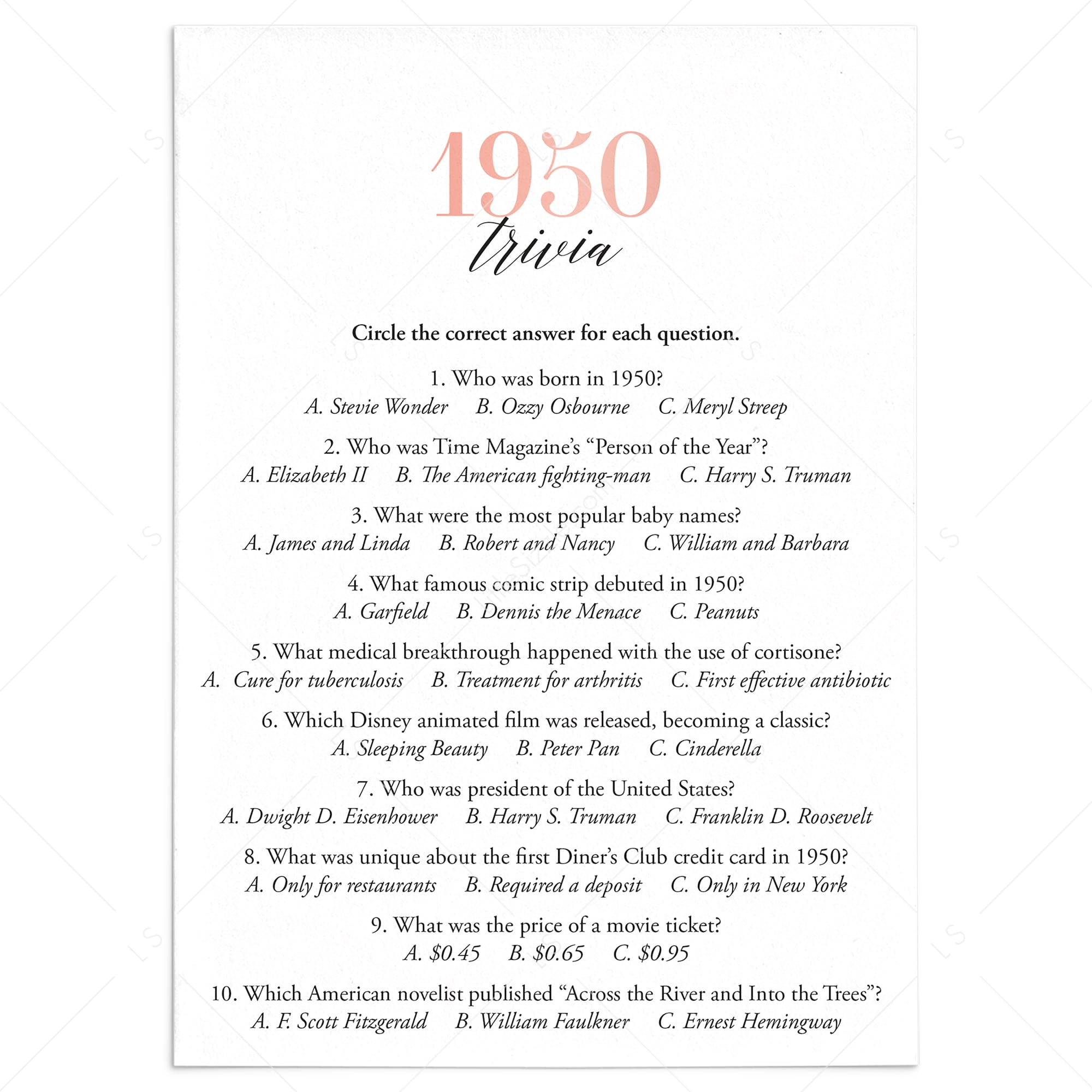 1950 Trivia Questions and Answers Printable by LittleSizzle