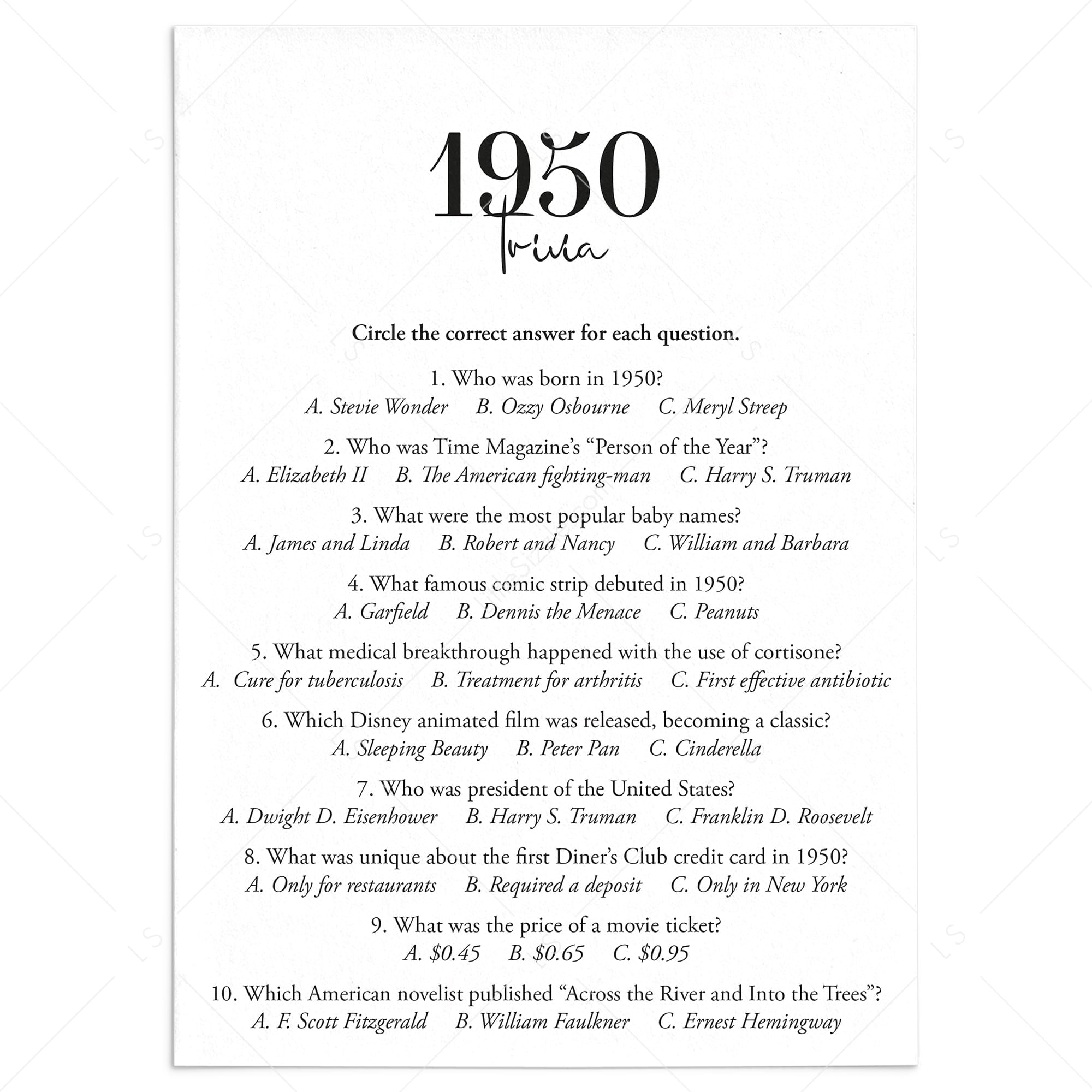 1950 Trivia Quiz with Answer Key Instant Download by LittleSizzle