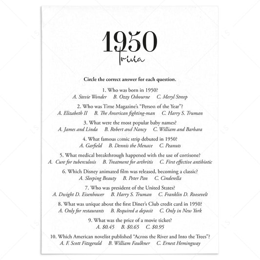 1950 Trivia Quiz with Answer Key Instant Download by LittleSizzle