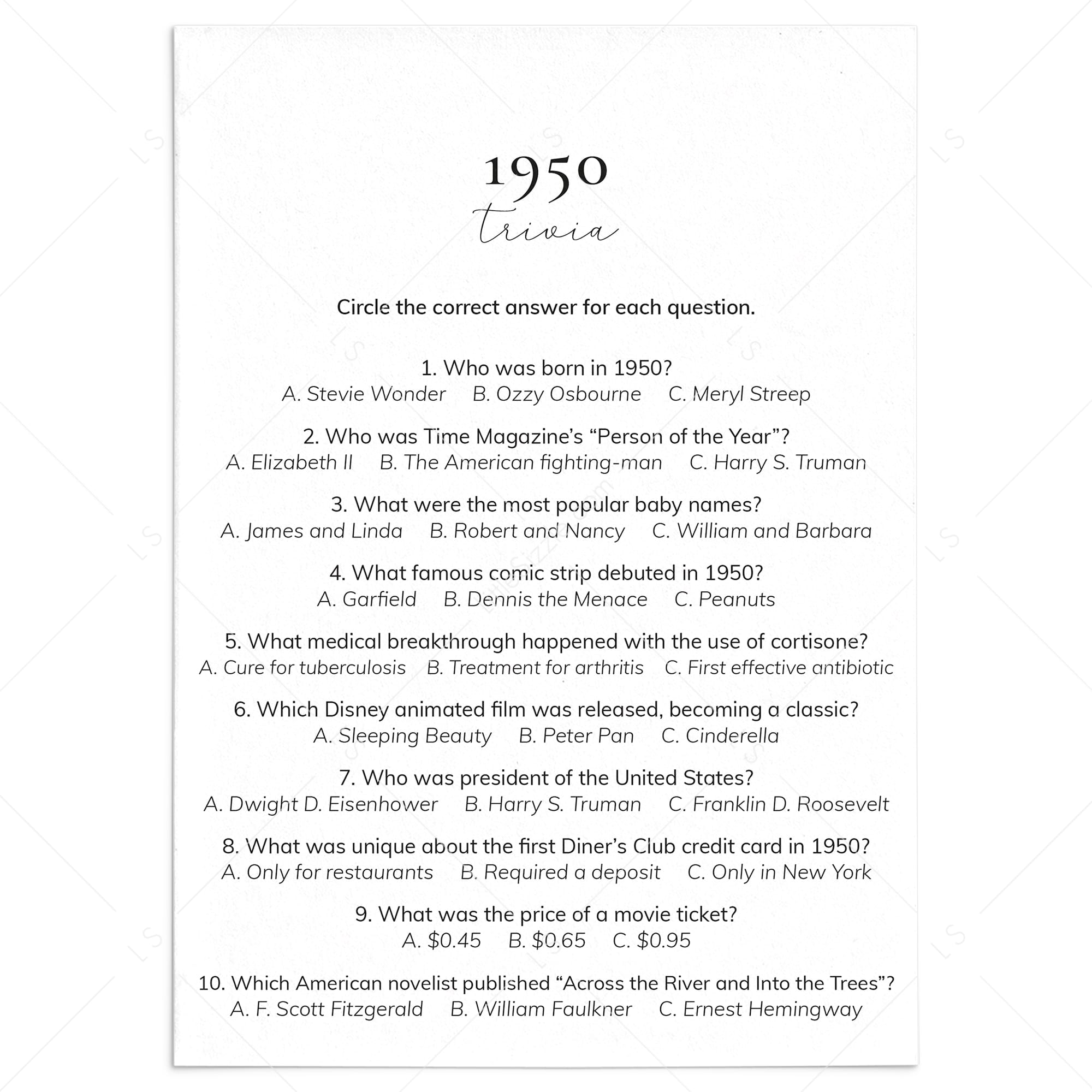 1950 Quiz and Answers Printable by LittleSizzle