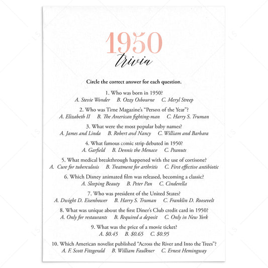 1950 Trivia Questions and Answers Printable by LittleSizzle