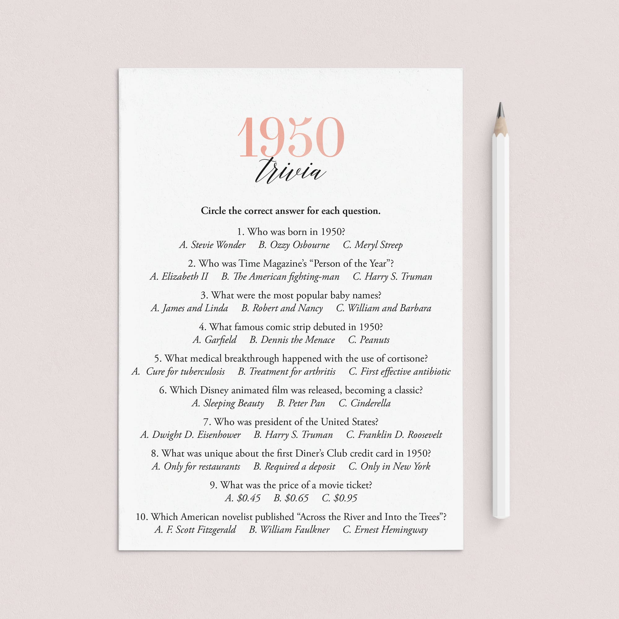 1950 Trivia Questions and Answers Printable by LittleSizzle