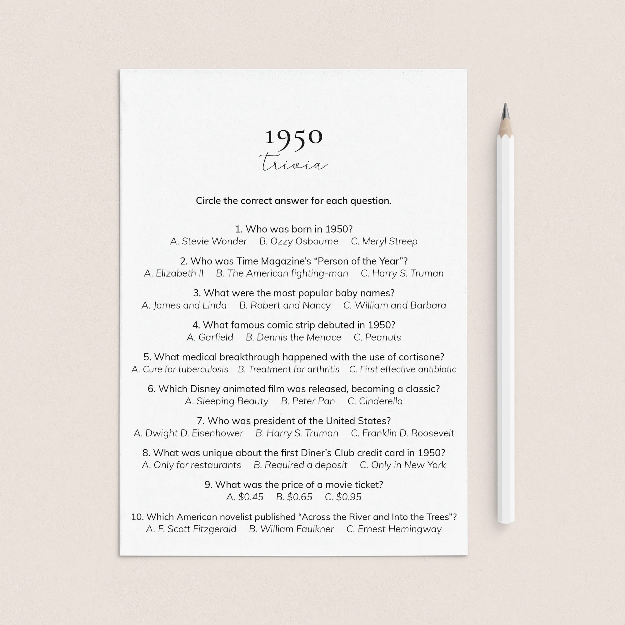 1950 Quiz and Answers Printable by LittleSizzle