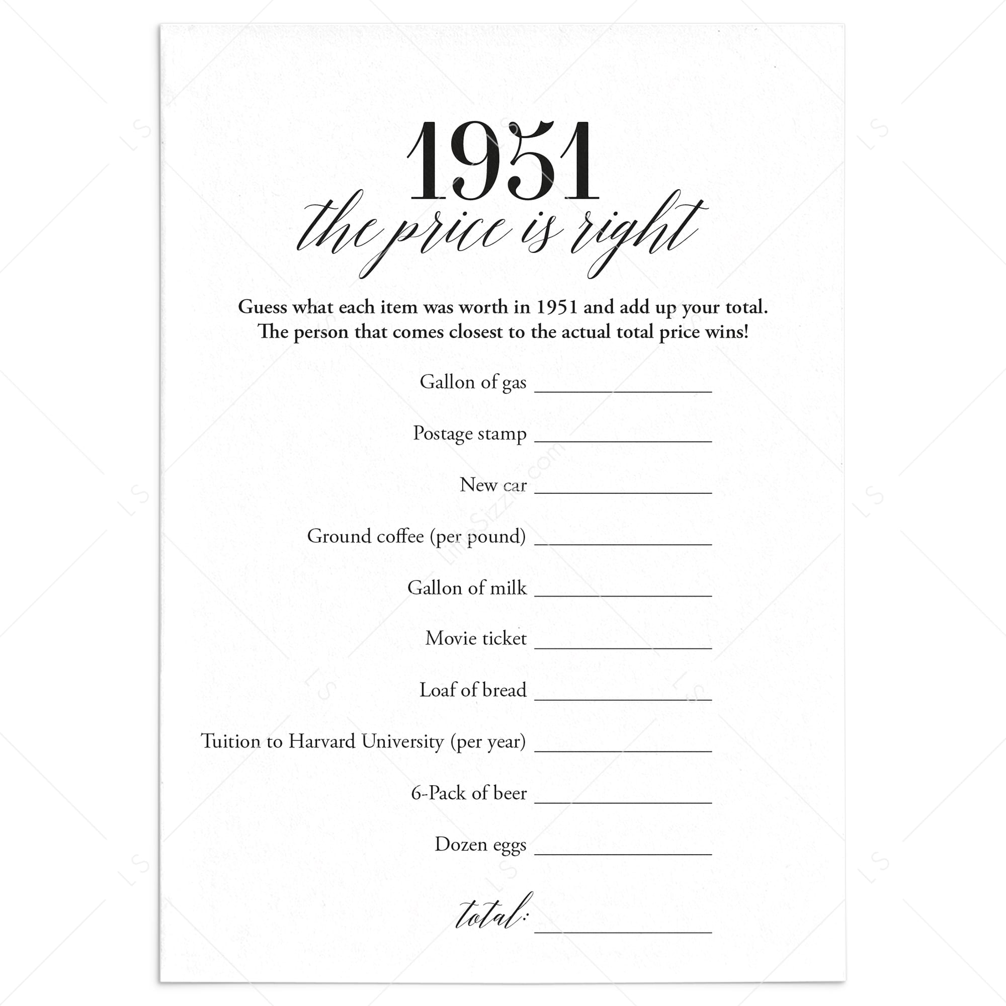 1951 The Price Is Right Game with Answers Printable by LittleSizzle