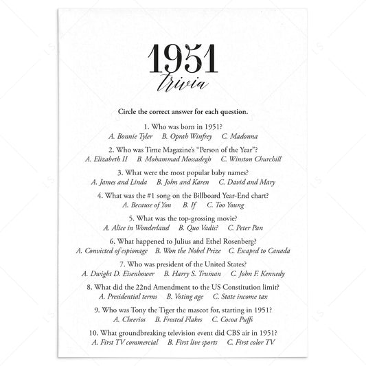 1951 Trivia Quiz with Answer Key Instant Download by LittleSizzle