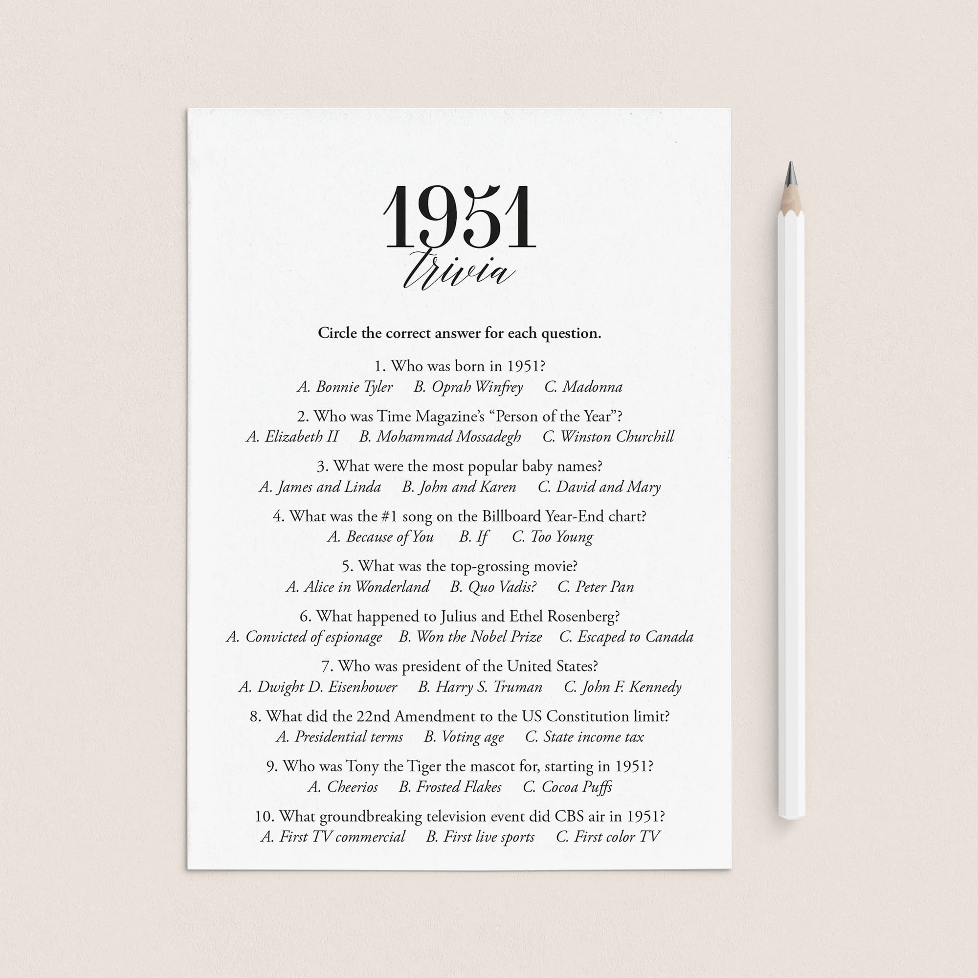 1951 Trivia Quiz with Answer Key Instant Download by LittleSizzle