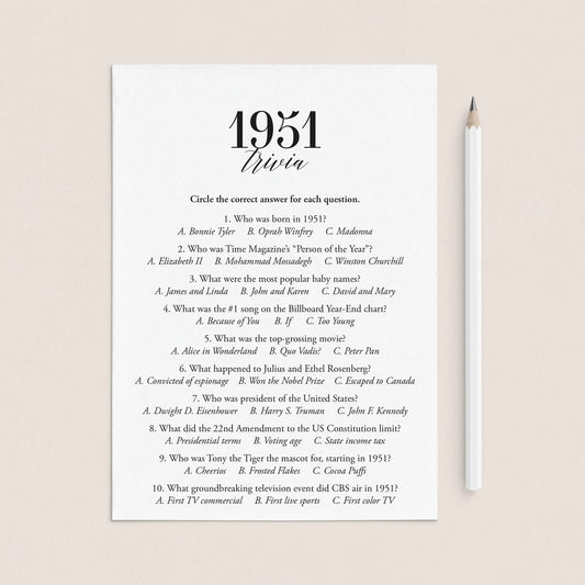 1951 Trivia Quiz with Answer Key Instant Download by LittleSizzle