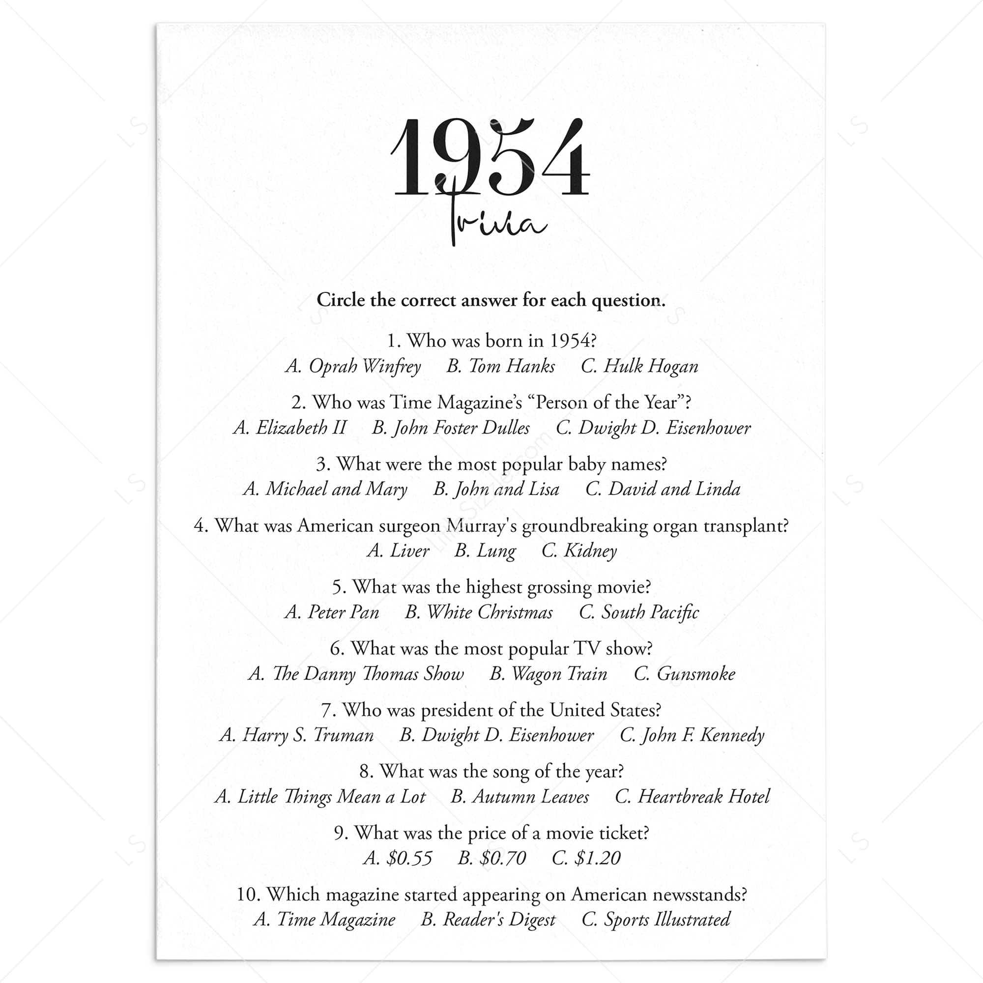 1954 Trivia Quiz with Answer Key Instant Download by LittleSizzle