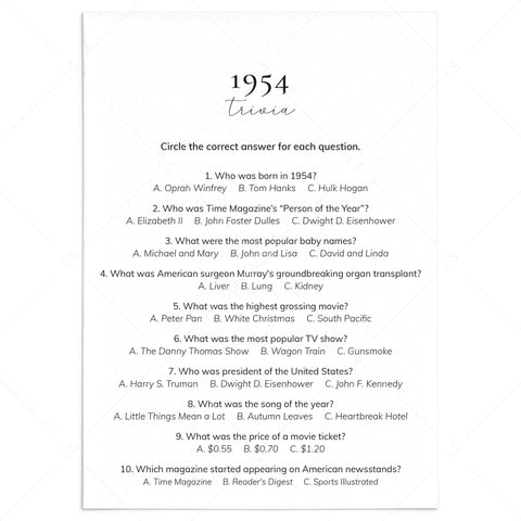 1954 Quiz and Answers Printable All About The Year 1954 Trivia 1954 Quiz and Answers Printable All About The Year 1954 Trivia