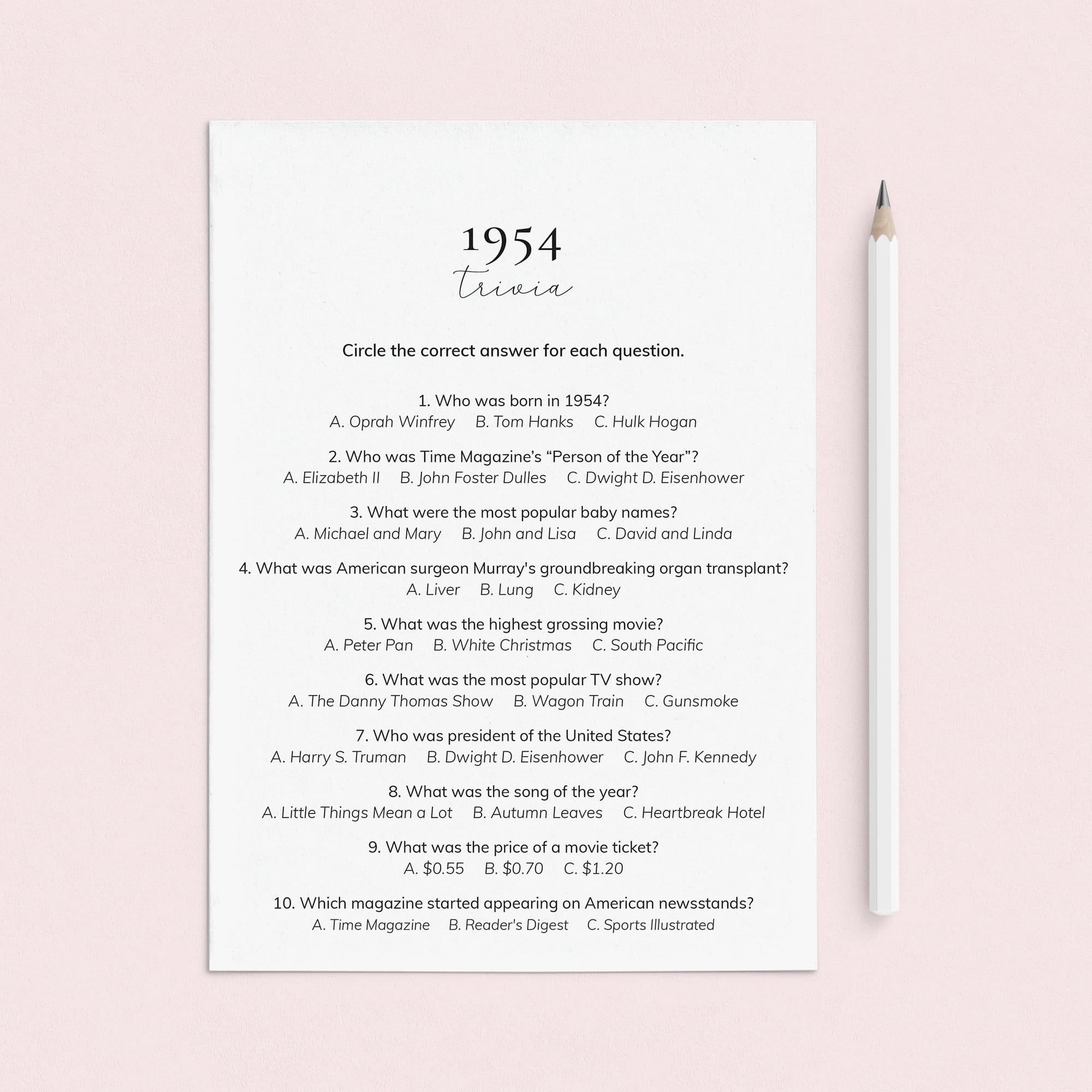 1954 Quiz and Answers Printable by LittleSizzle