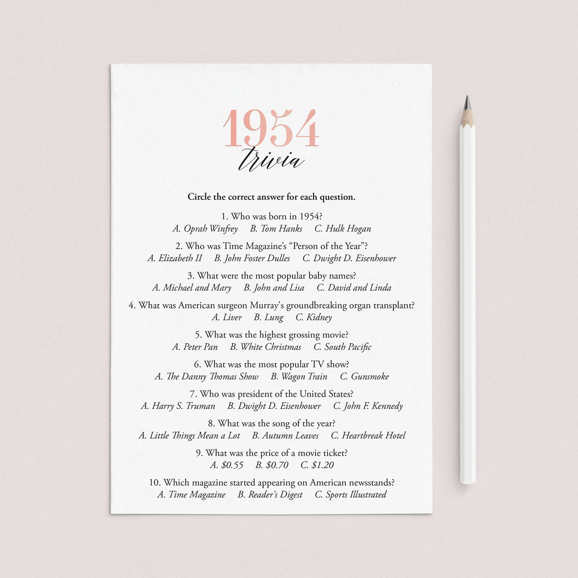 1954 Trivia Questions and Answers Printable by LittleSizzle
