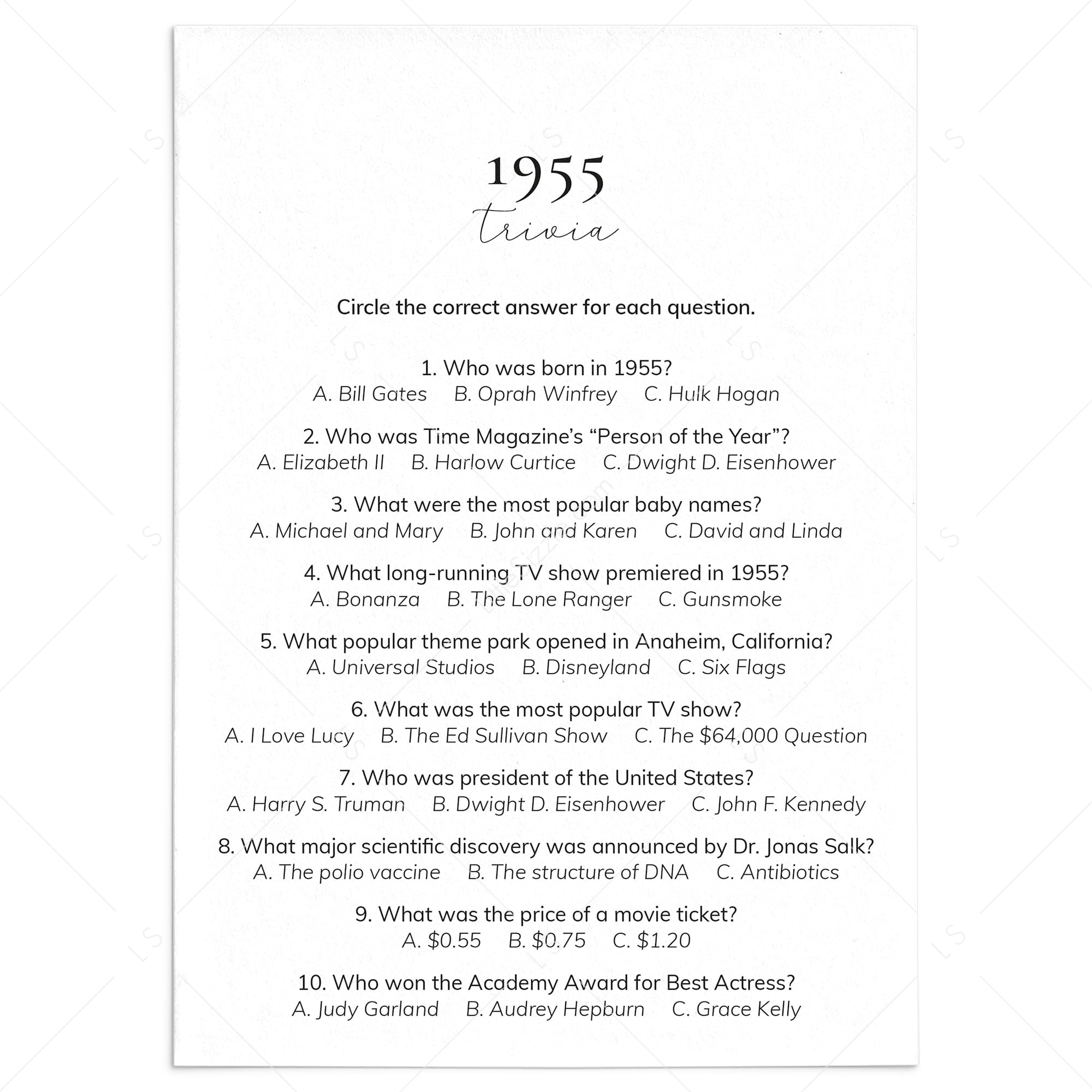 1955 Quiz and Answers Printable by LittleSizzle