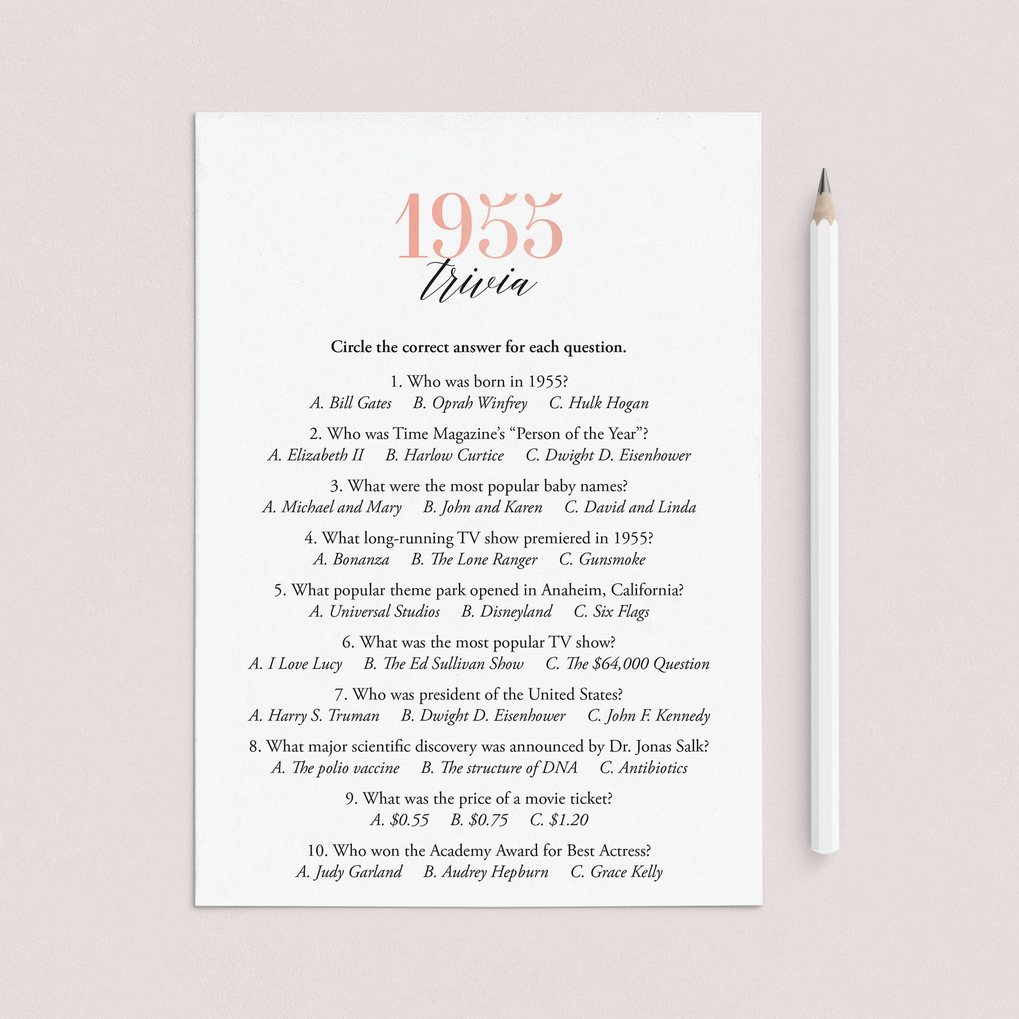 1955 Trivia Questions and Answers Printable by LittleSizzle