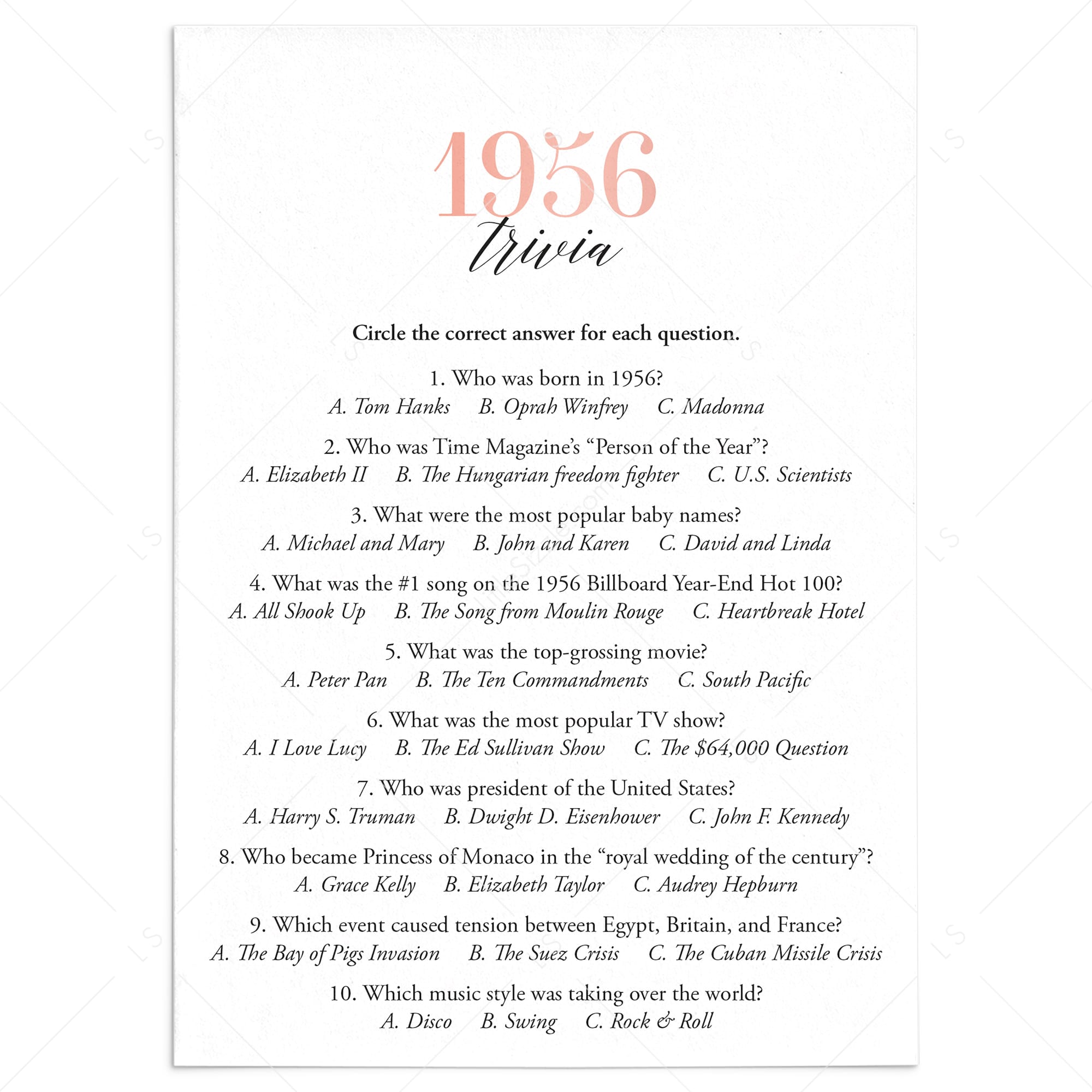 1956 Trivia Questions and Answers Printable by LittleSizzle