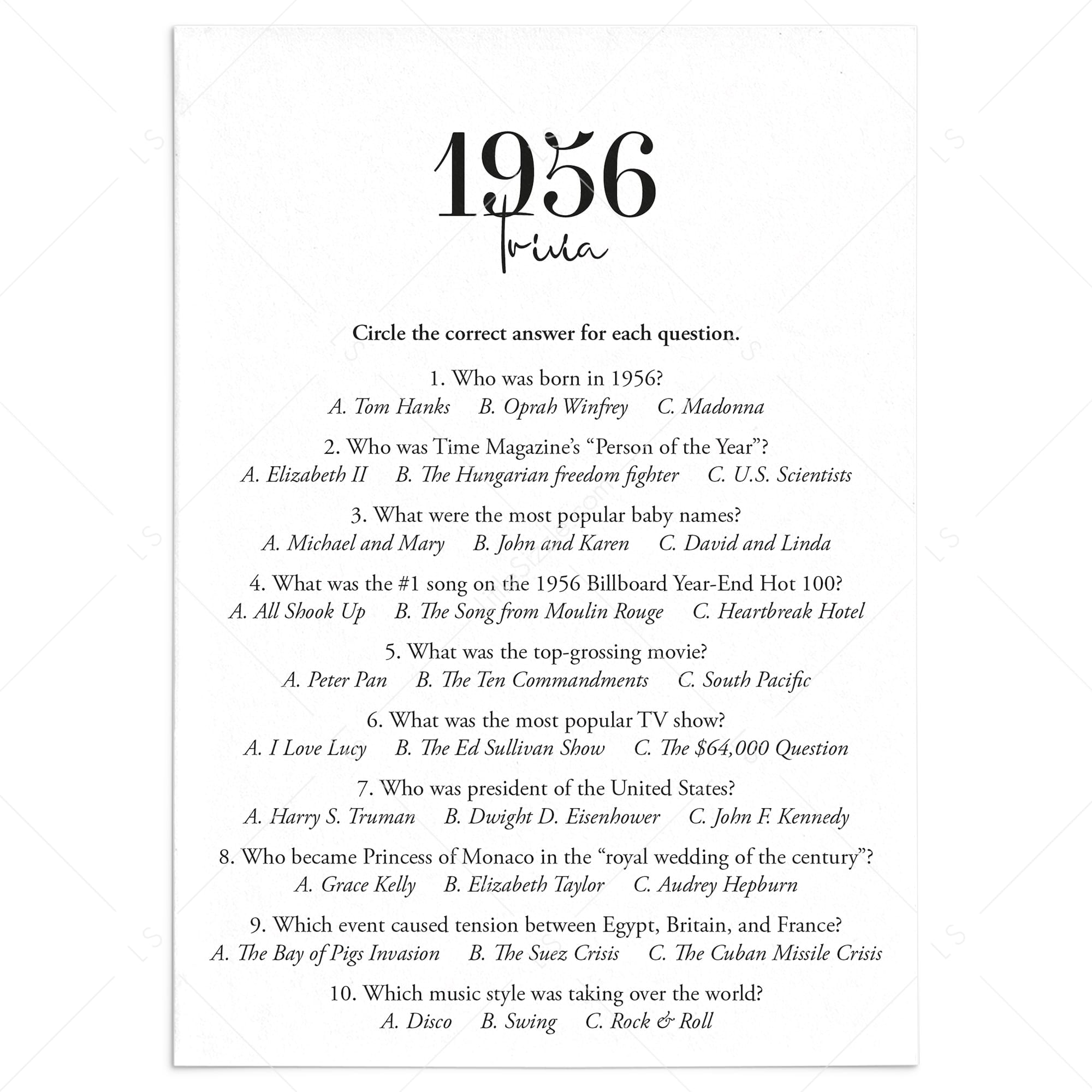 1956 Trivia Quiz with Answer Key Instant Download by LittleSizzle