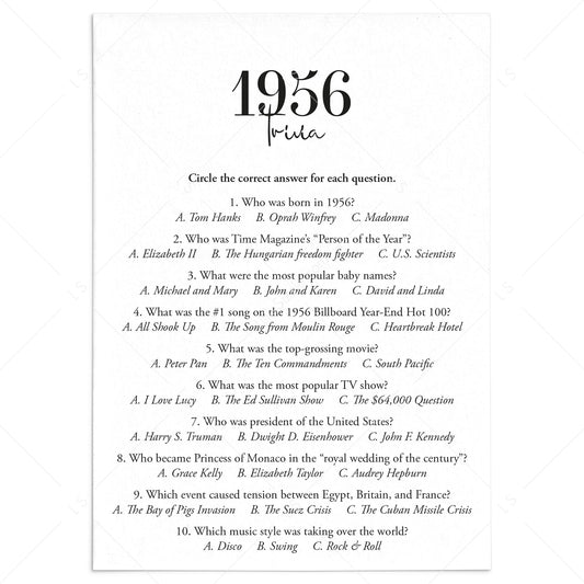 1956 Trivia Quiz with Answer Key Instant Download by LittleSizzle