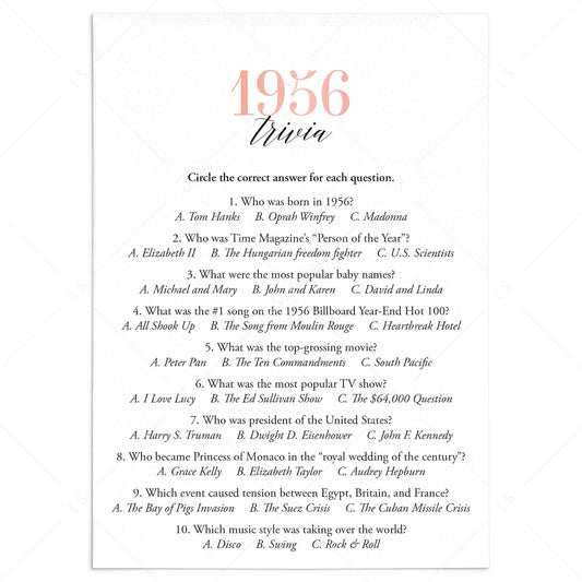 1956 Trivia Questions and Answers Printable by LittleSizzle