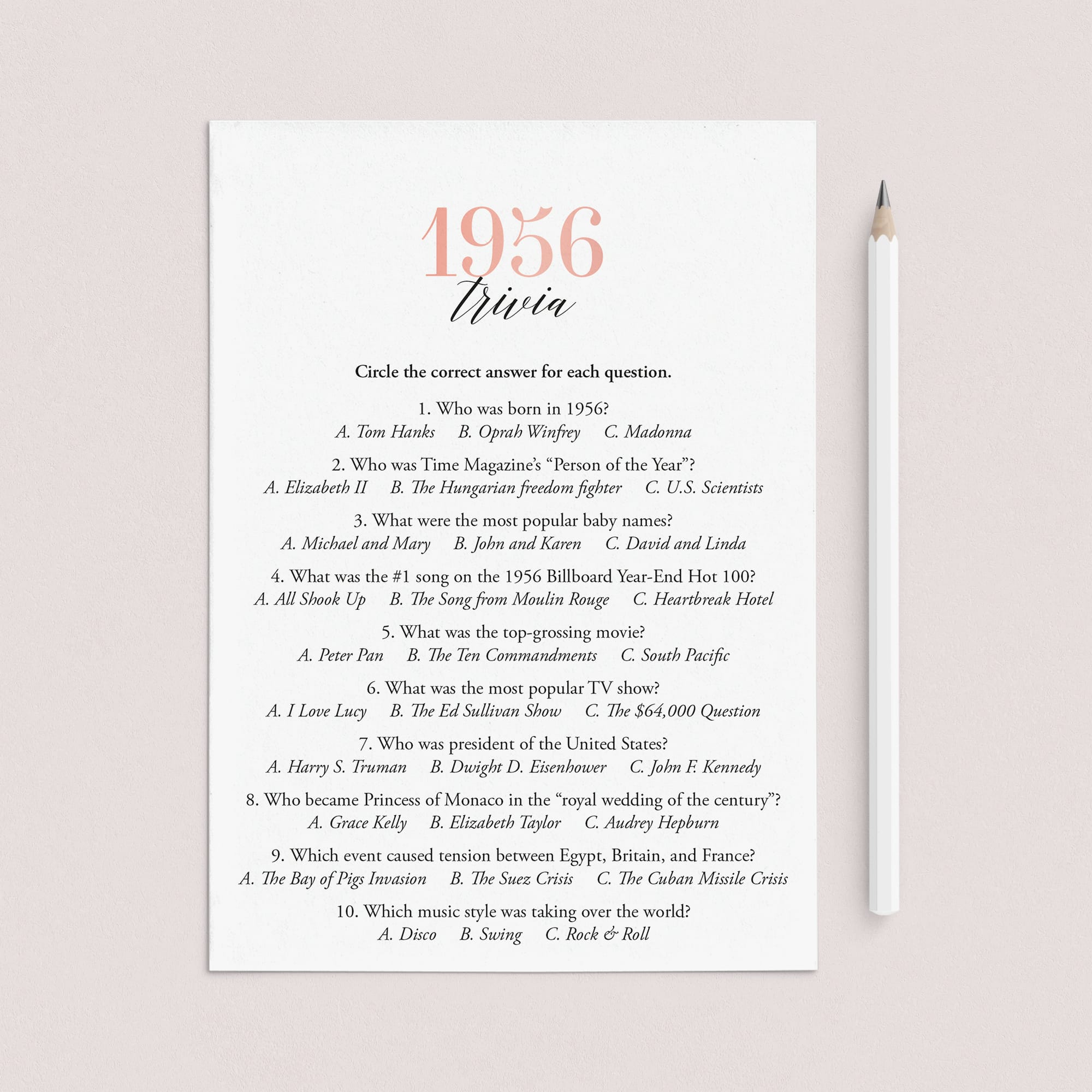 1956 Trivia Questions and Answers Printable by LittleSizzle