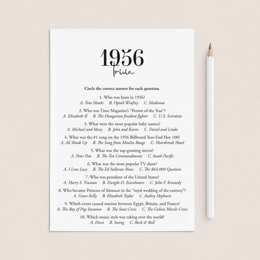 1956 Trivia Quiz with Answer Key Instant Download by LittleSizzle