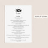 1956 Trivia Quiz with Answer Key Instant Download