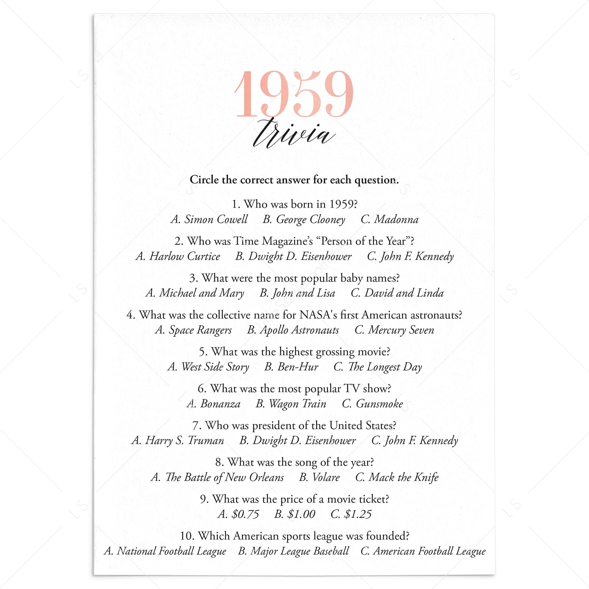 1959 Trivia Questions and Answers Printable by LittleSizzle