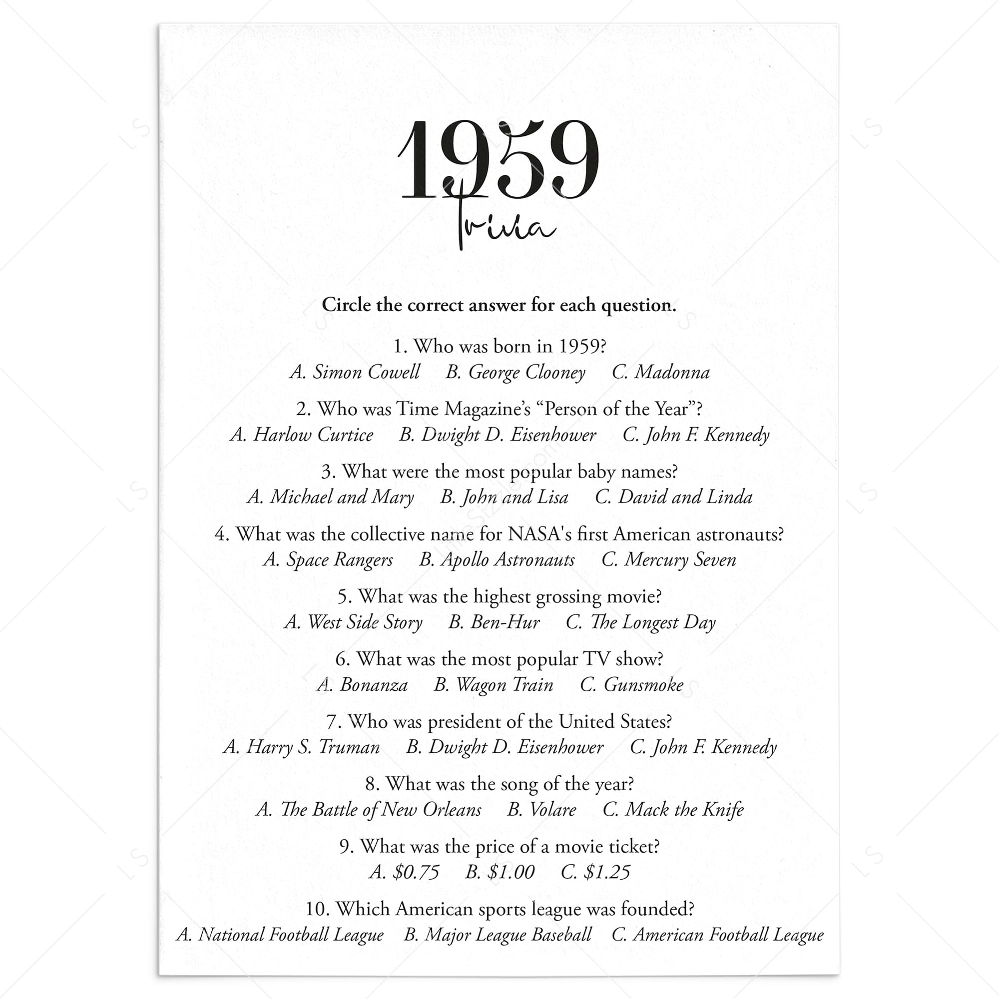 1959 Trivia Quiz with Answer Key Instant Download by LittleSizzle
